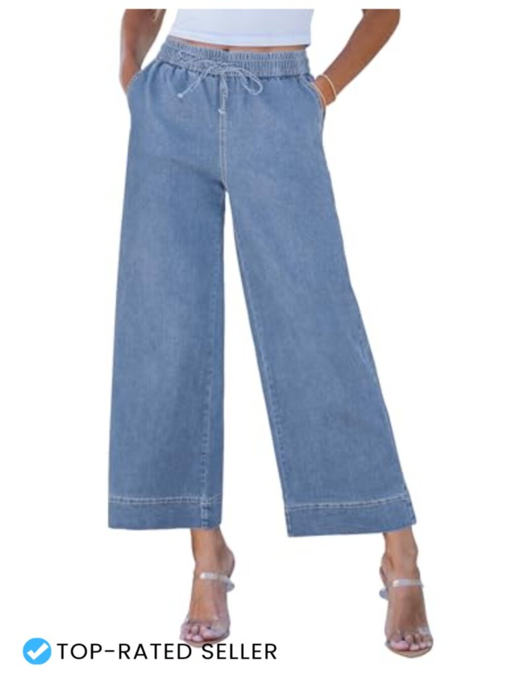 Wide Leg Crop Jeans High Waisted Pull On Denim Trouser Pants